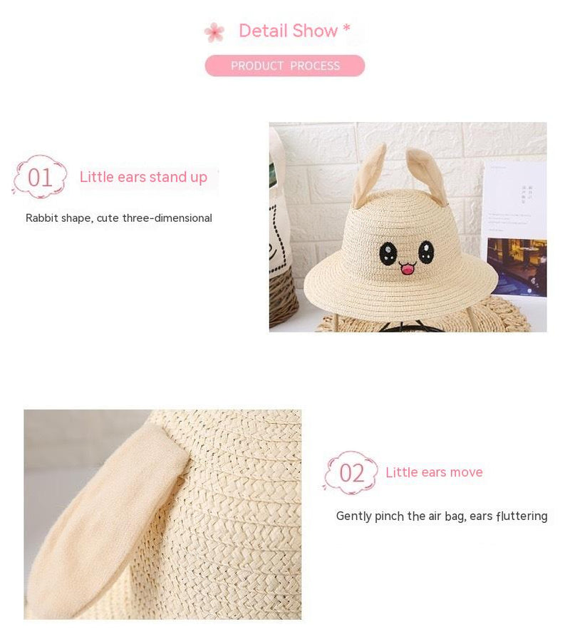 Children'S Sun Hat Ears Moving Airbag Rabbit Sun-Proof Straw Hat