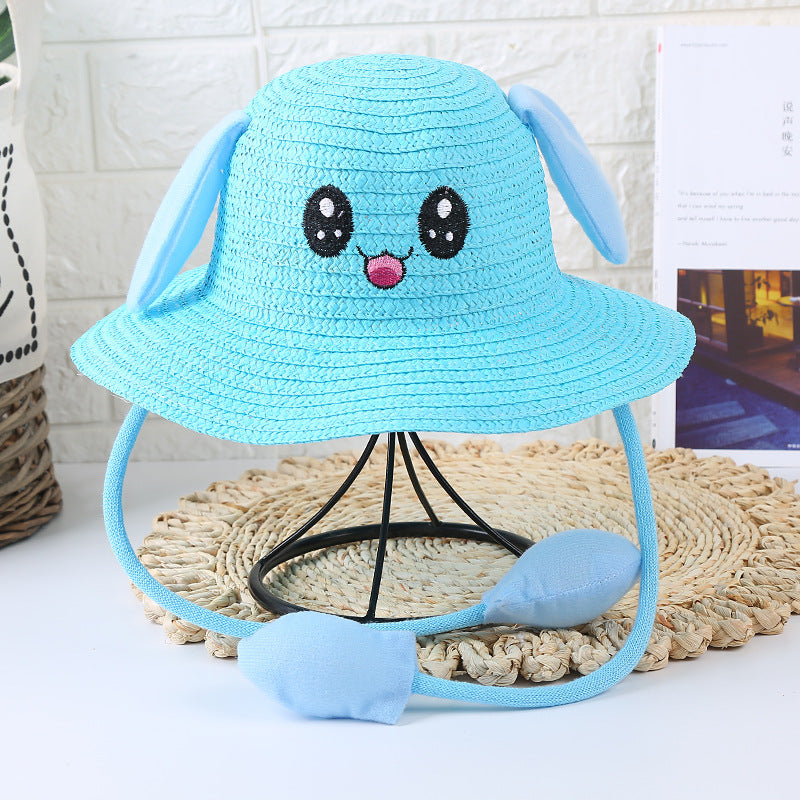 Children'S Sun Hat Ears Moving Airbag Rabbit Sun-Proof Straw Hat