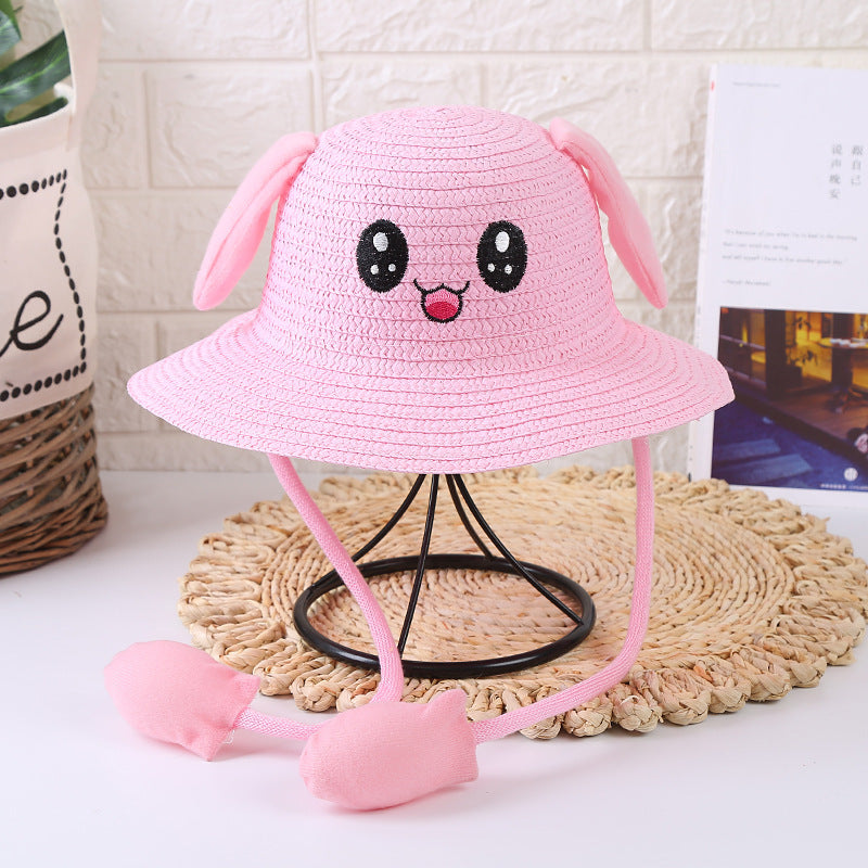 Children'S Sun Hat Ears Moving Airbag Rabbit Sun-Proof Straw Hat