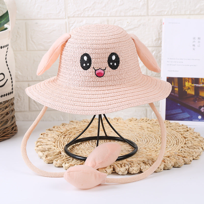 Children'S Sun Hat Ears Moving Airbag Rabbit Sun-Proof Straw Hat