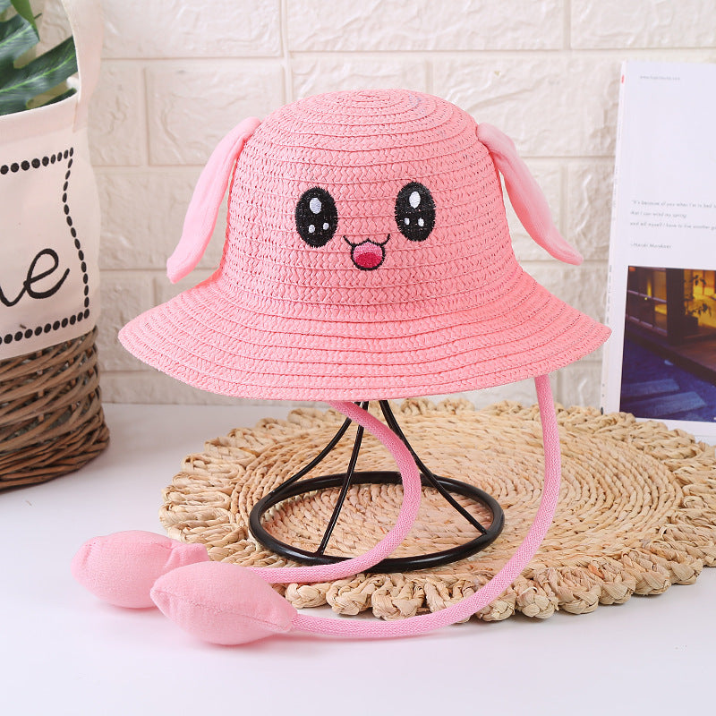 Children'S Sun Hat Ears Moving Airbag Rabbit Sun-Proof Straw Hat