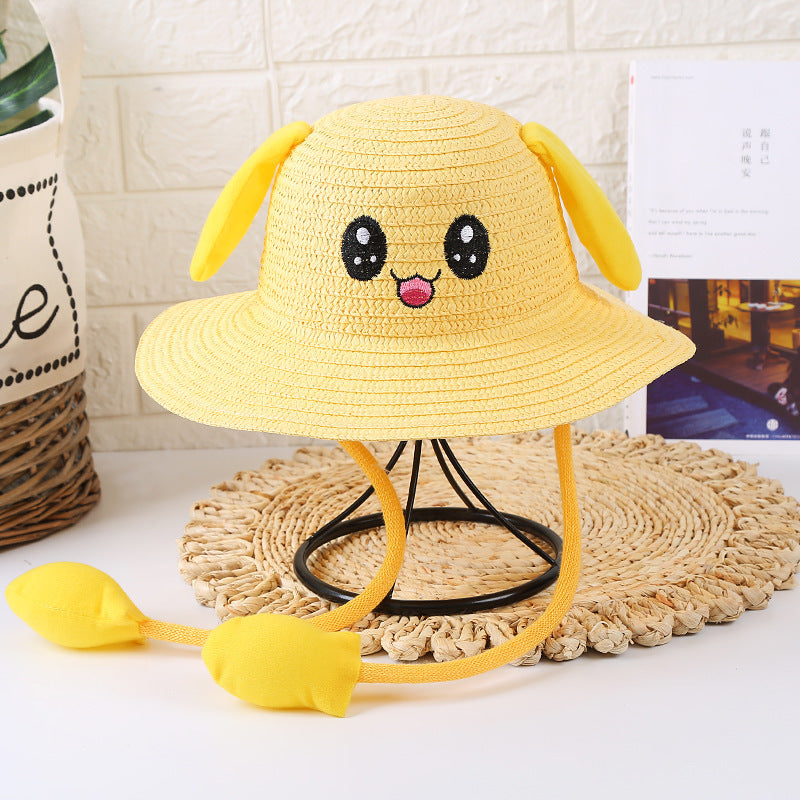 Children'S Sun Hat Ears Moving Airbag Rabbit Sun-Proof Straw Hat